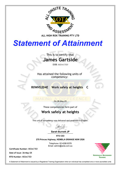 Redacted copy of Hobart Gutter Clean RIIWHS204E Work Safely at Heights training
