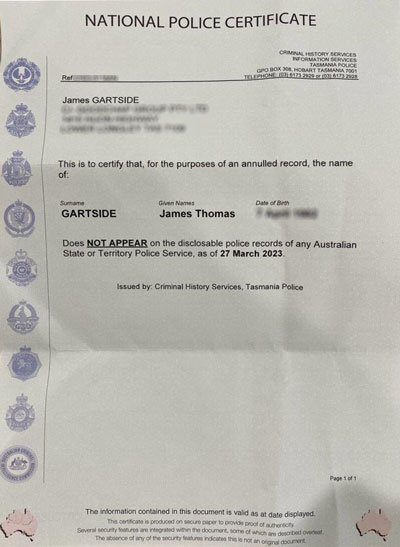 Redacted copy of Hobart Gutter Cleans National Police Check.