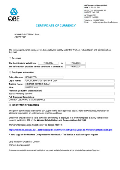 Redacted copy of Hobart Gutter Clean workers' compensation insurance in accordance with Tasmanian legislation.